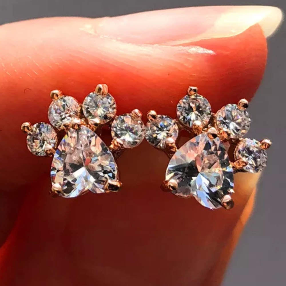 NEW 18k Rose Gold Diamond Paw Print Earrings
